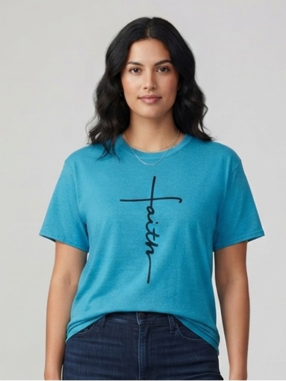 Faith Graphic Crewneck T-Shirt L 22” p2p Turquoise EUC